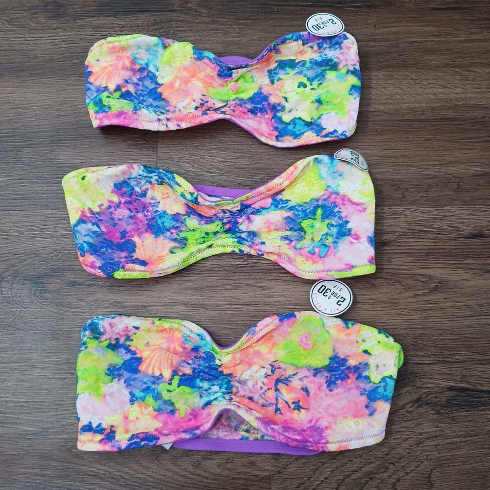 New 3 VICTORIAS SECRET SMALL " PINK " STRAPLESS BANDEAU BRALETTE FLORAL LACE